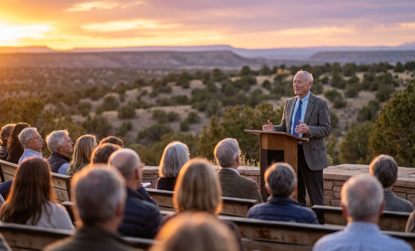 Don Fineberg, MD, speaking at sunset with the New Mexico mesa behind him