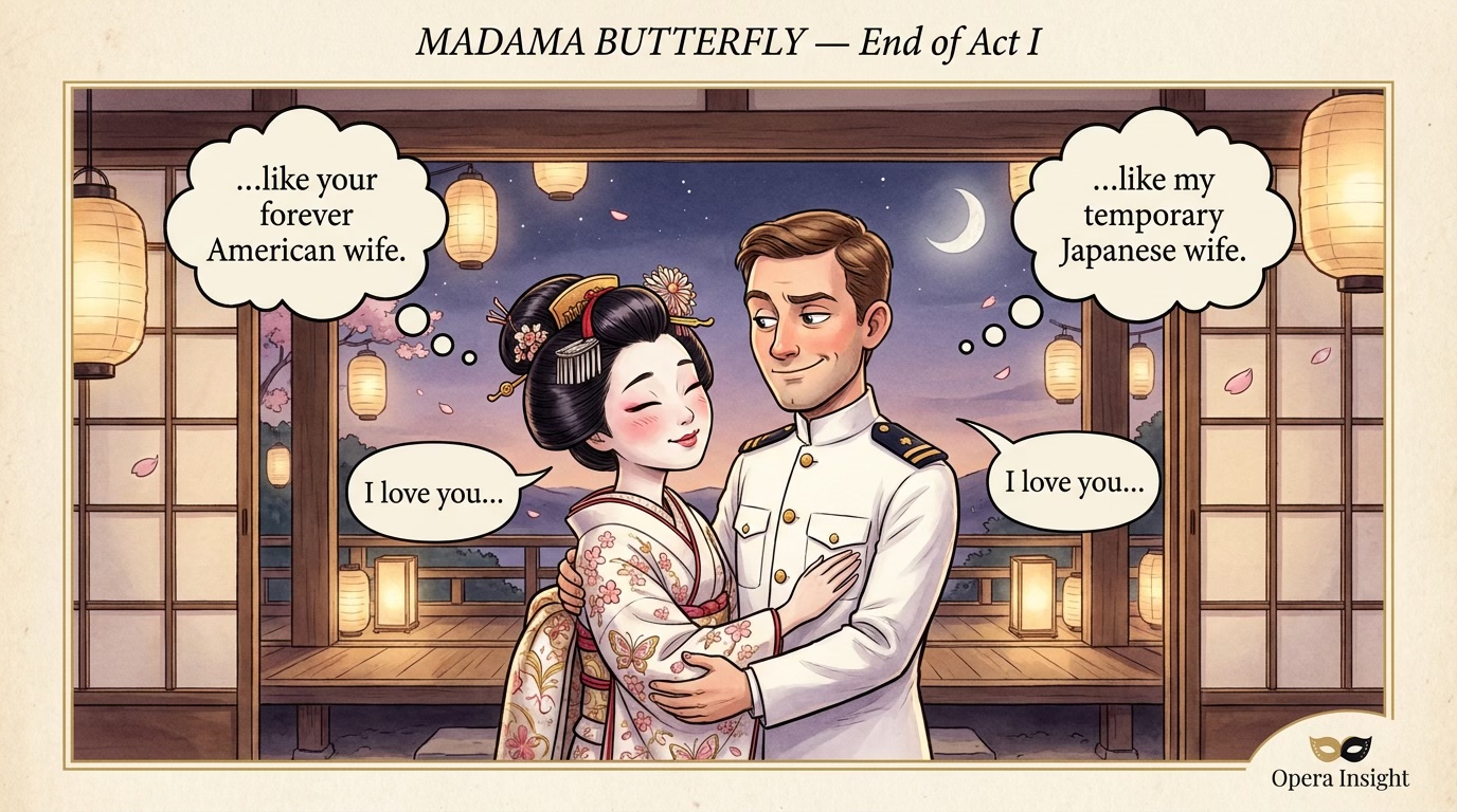 Madama Butterfly comic: Butterfly thinks 'forever American wife' while Pinkerton thinks 'temporary Japanese wife.'