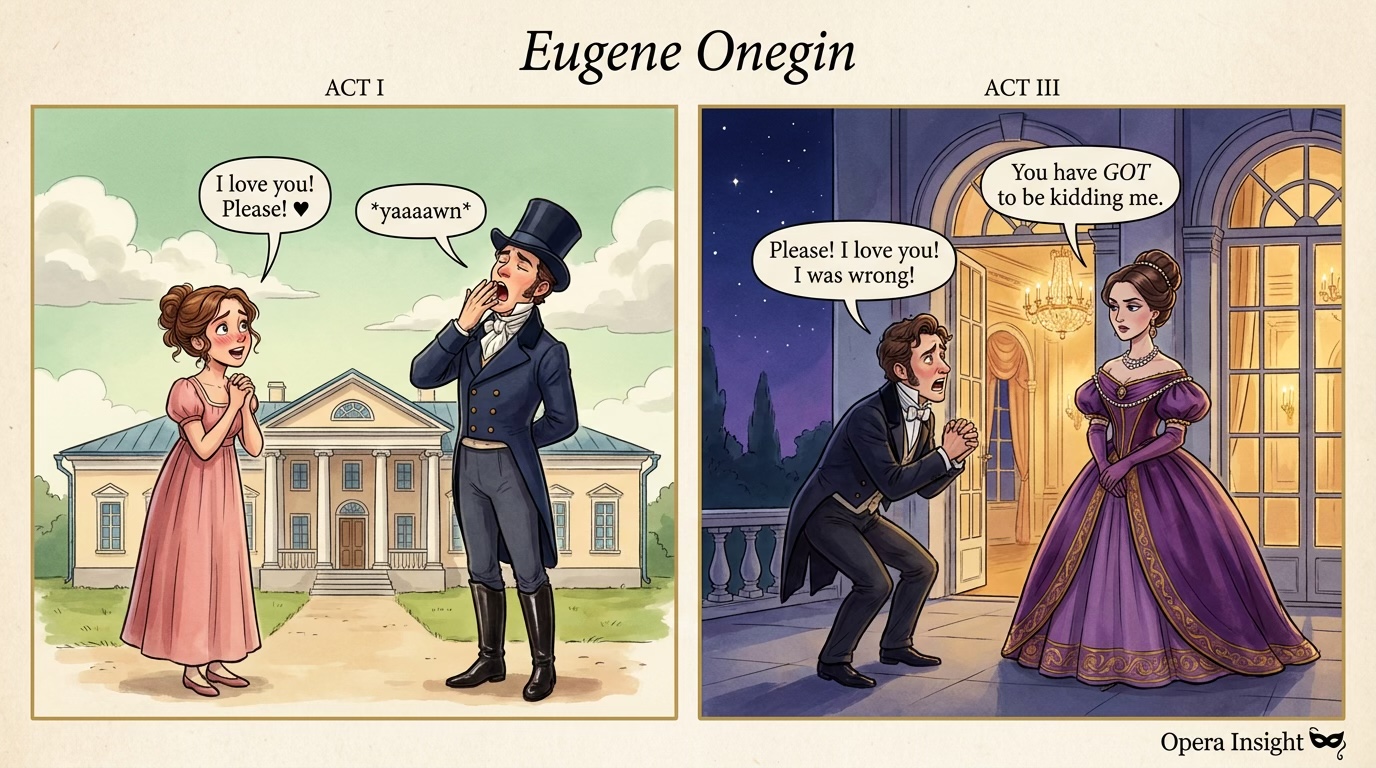 Eugene Onegin comic: Act I, Tatyana declares love while Onegin yawns. Act III, Onegin begs while Tatyana refuses.